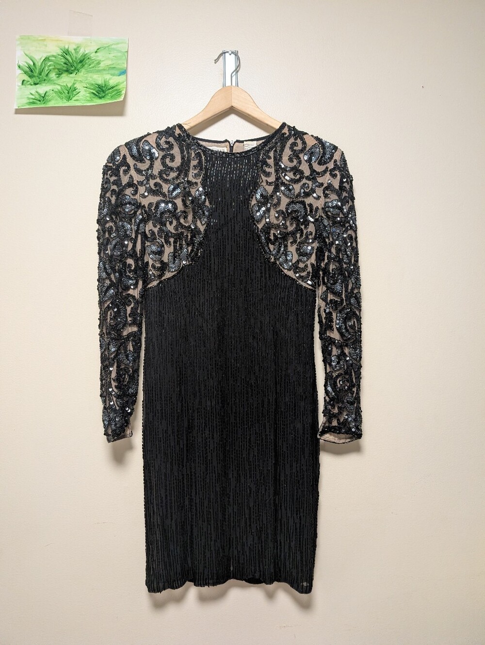 Lillie Rubin Size 6 Black Silk Beaded Sequin Cocktail Dress Long Sleeve